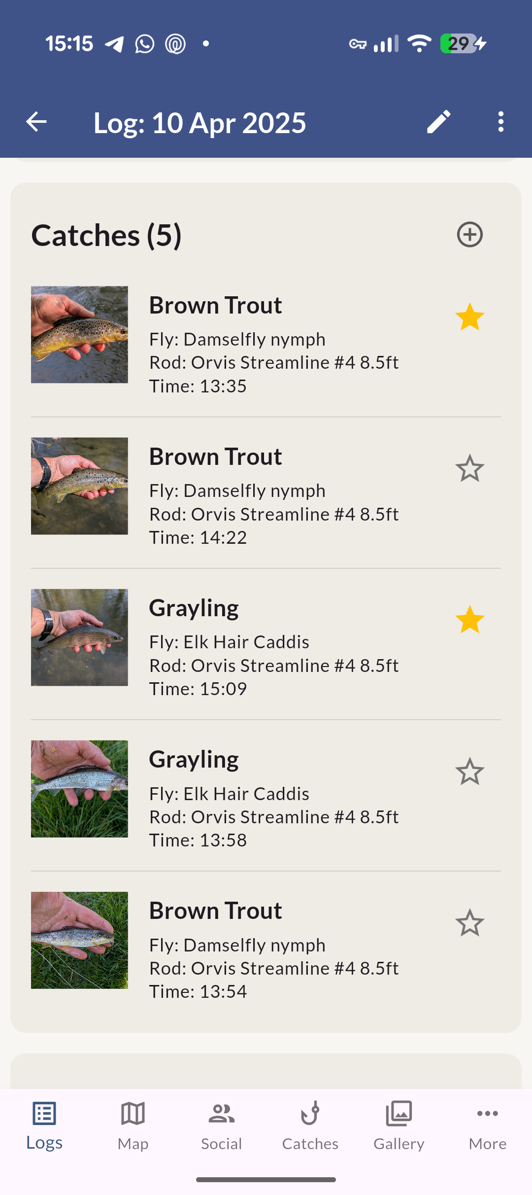 Catch list with species, fly patterns, and trophy stars
